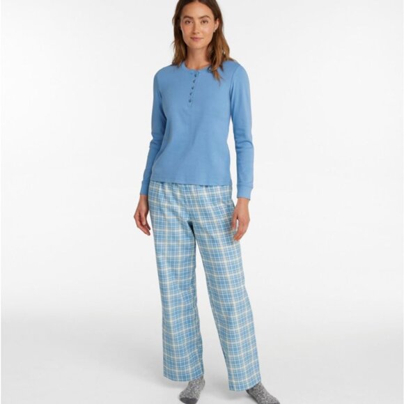 LL Bean Cozy Pajama Set PS Petite Small Blue Plaid Flannel Pants & Henley Top - Picture 1 of 8